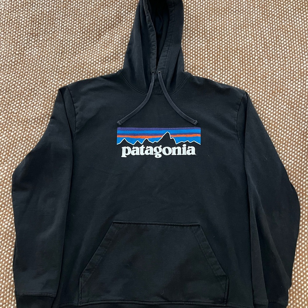 Patagonia Black Hoodie with Blue and Red Logo